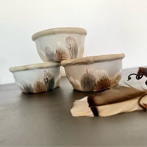 Set of 3 Nature Bowls with Iron Stand & Real Twig and Feather Finial